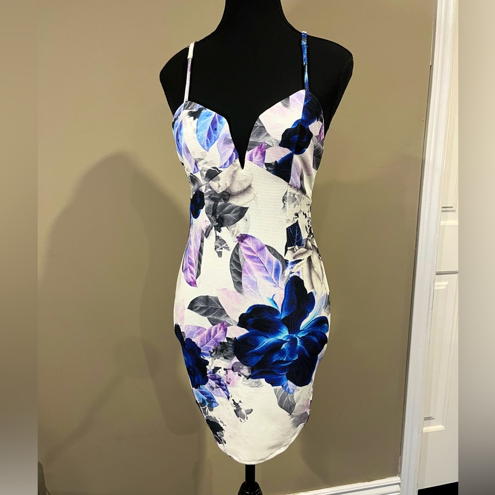 ANGEL BIBA white, blue and purple floral bodycon dress